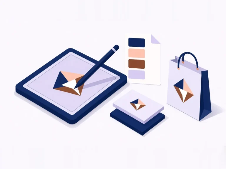 Isometric illustration of logo design and a visual identity colour palette