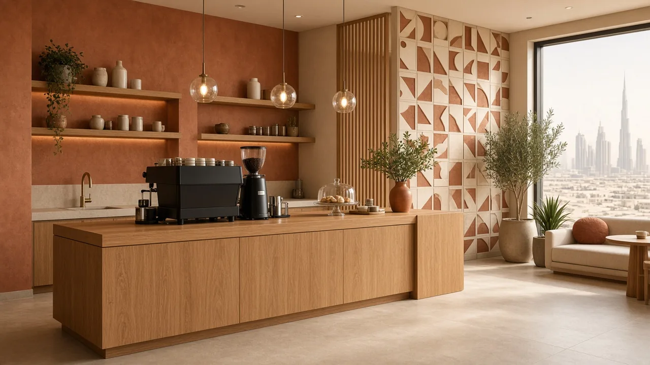 Modern cafe interior with warm lighting and a coordinated colour palette
