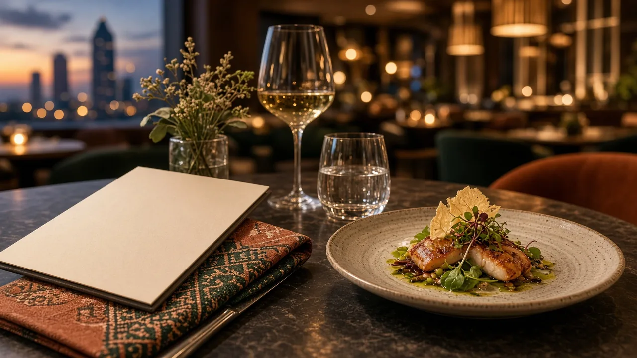 Branded table setting in a Dubai restaurant at dusk