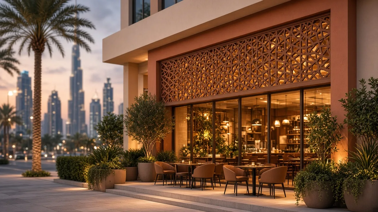 New restaurant storefront on a Dubai street at dusk, ready for opening