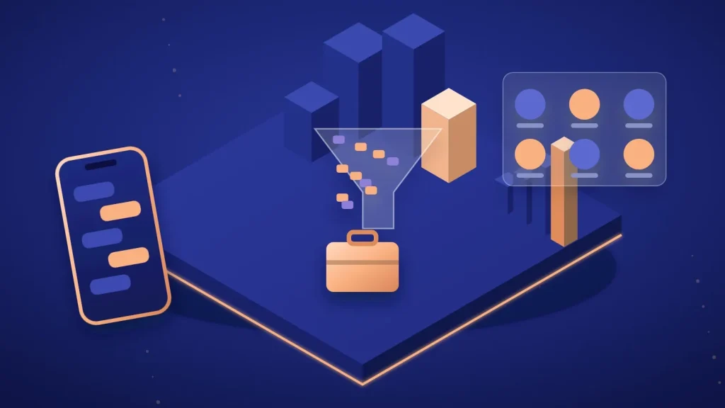 3D illustration of company buildings, a sales funnel filling with leads, a briefcase and a rising chart