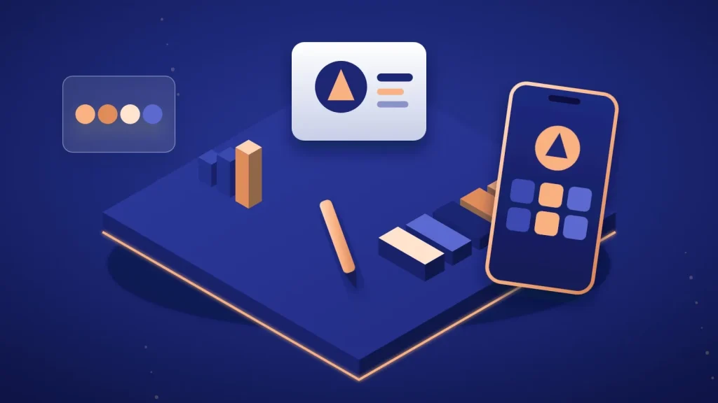 3D illustration of a logo card, colour swatches, a pencil and a phone showing a new brand identity
