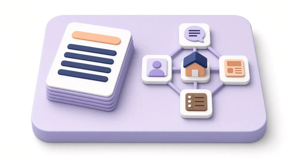 Answer cards on one side and a web of brand signals on the other