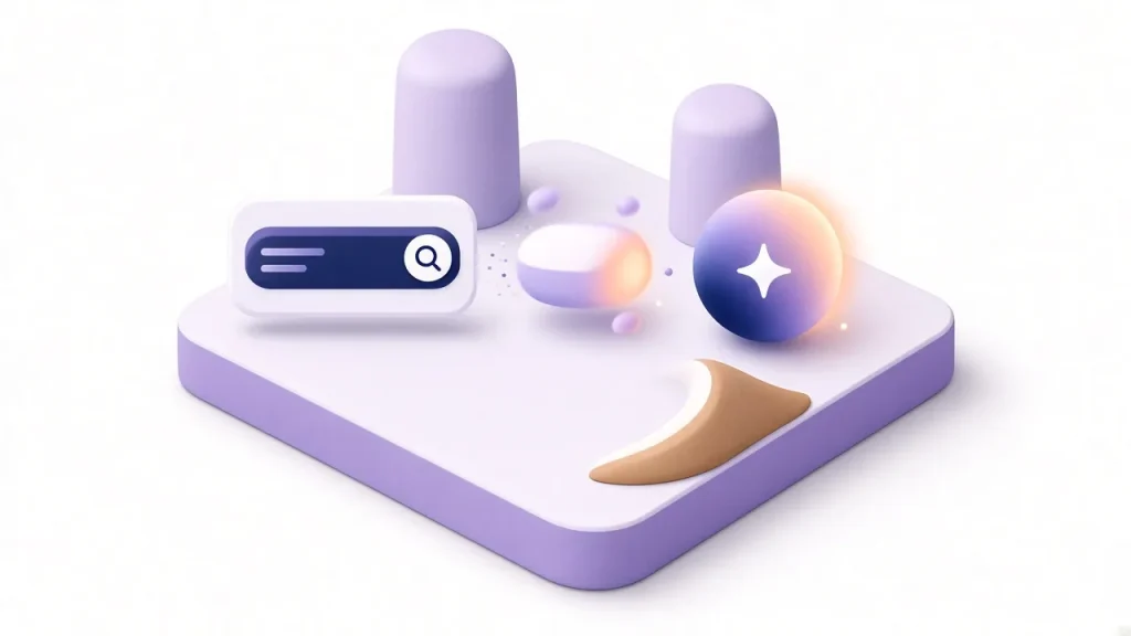 Search bar transforming into an AI assistant orb in front of a stylised skyline