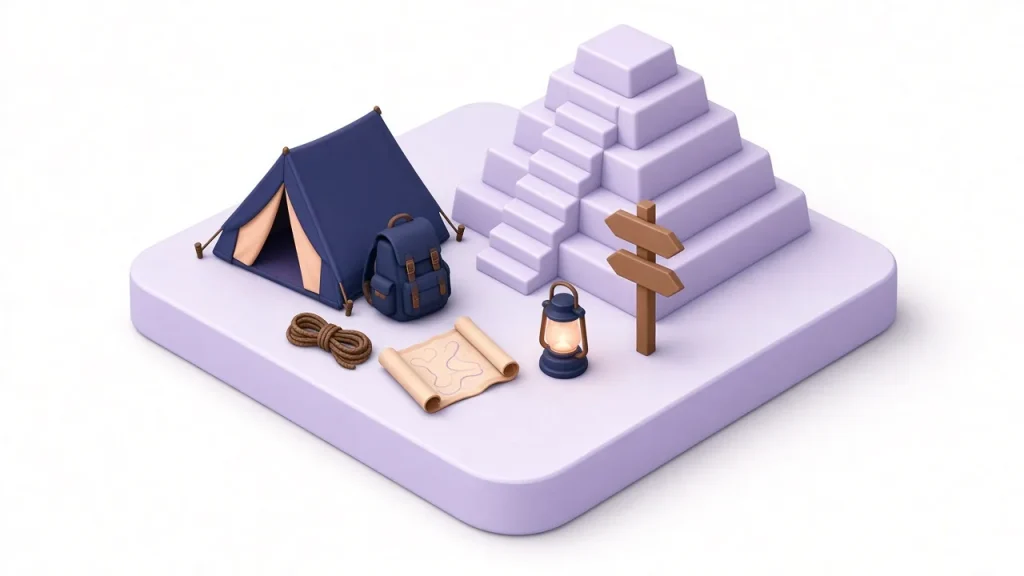 Isometric base camp with a navy tent, backpack, lantern, rope, map and signpost at the foot of a lavender stepped pyramid