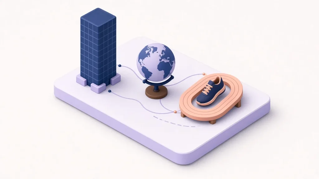 Isometric navy office tower and a globe linked by a dotted route to a peach running shoe on a running track