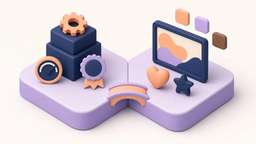 Isometric split platform with a gear, dial and award rosette on one side and a picture frame, heart and star on the other, joined by a small bridge