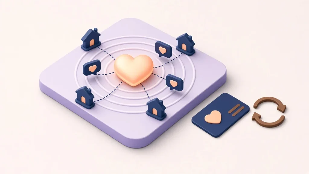 Isometric peach heart at the centre of concentric rings linked to small homes with heart badges, beside a loyalty card and a loop arrow