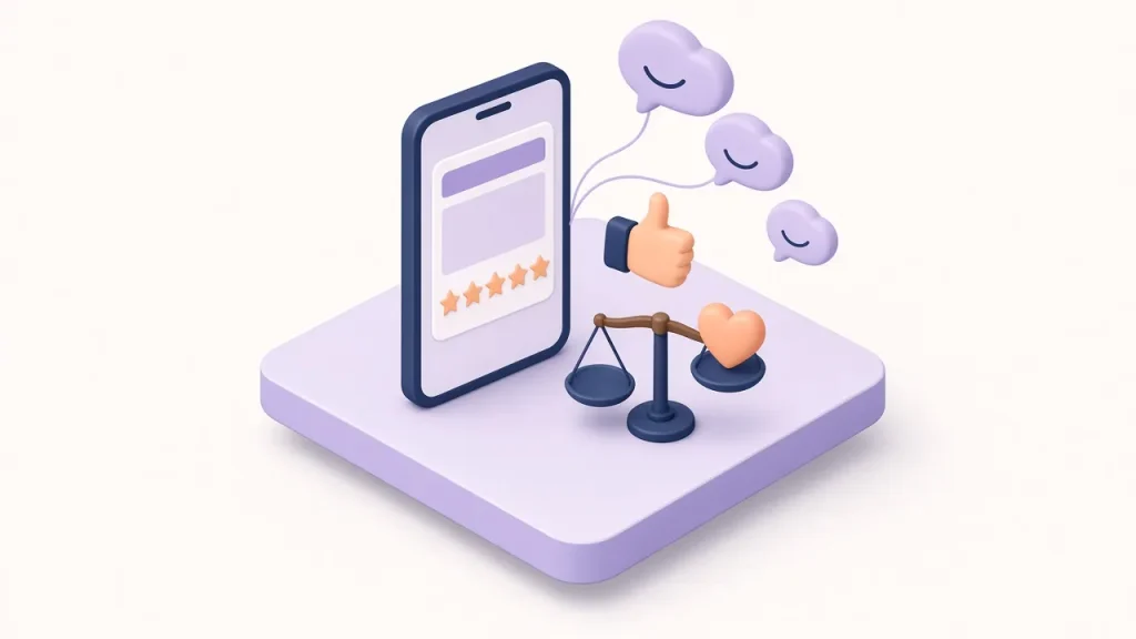 Isometric smartphone with a five-star review, speech bubbles, a thumbs-up and a balance scale weighing a heart