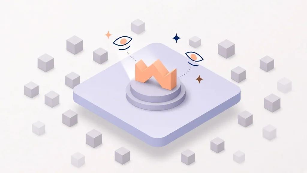Isometric peach logo mark on a lit plinth, watched by eye icons and surrounded by plain grey cubes