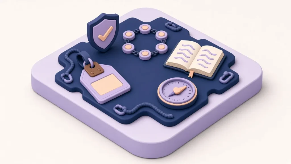 Isometric navy equipment mat with a shield and check mark, a connected circle of people dots, an open book, a compass and a tag