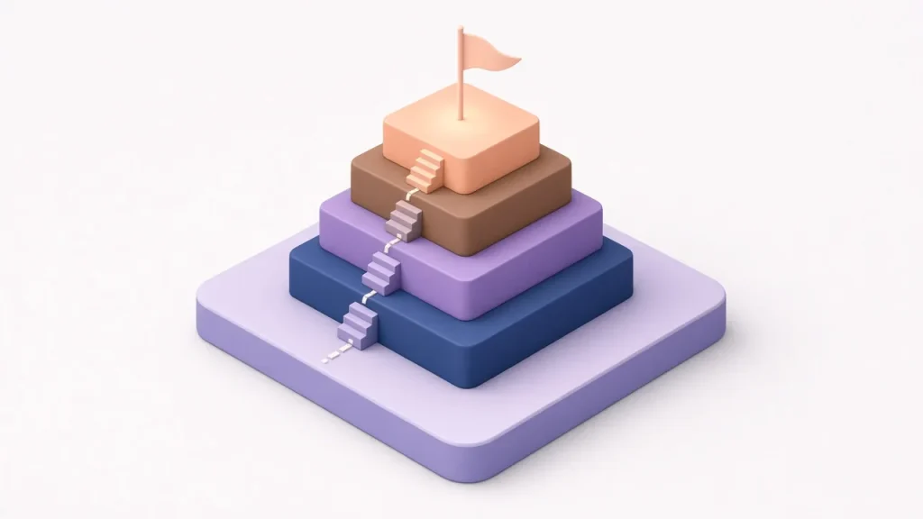 Isometric four-level stepped pyramid in navy, lavender, brown and peach with a staircase up the side and a peach flag on top