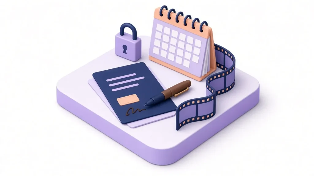 Contract with pen, padlock, calendar and film strip for usage rights