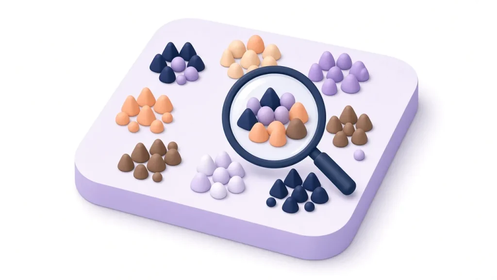 Mosaic of diverse audience clusters under a magnifying glass