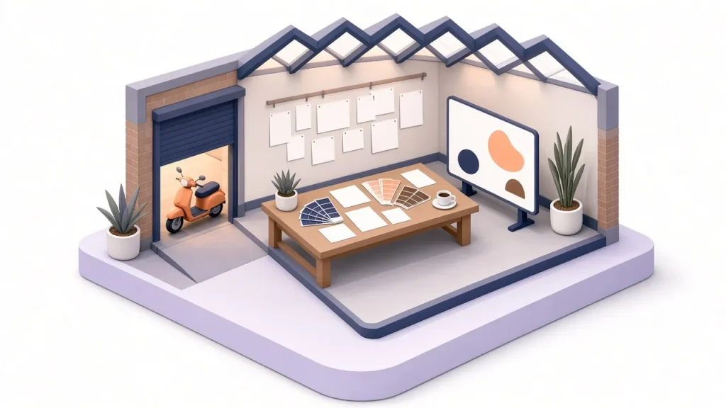 Isometric cutaway of a warehouse creative studio with a moodboard wall, swatches and a worktable