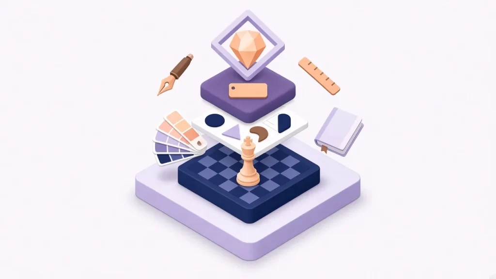 Isometric tower of brand identity elements: strategy chessboard, colour swatches, a name tag and a gem emblem on top