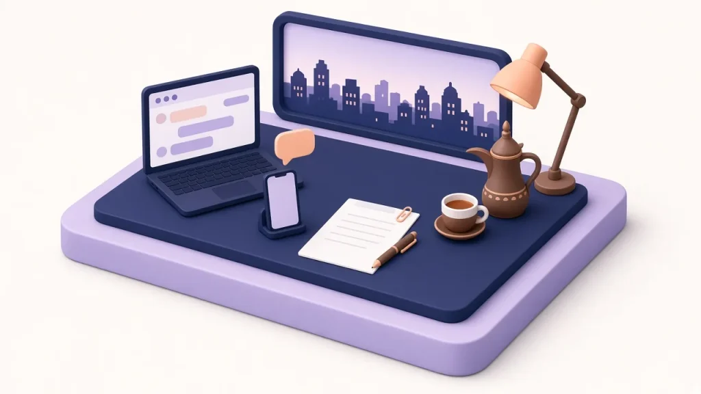 Isometric consultation desk with a laptop, phone, brief document and Arabic coffee in front of a skyline window