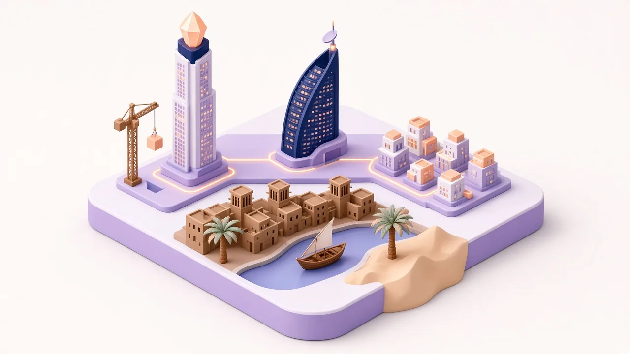 Isometric Dubai-style brand district with a gem-topped branding tower, a sail-shaped marketing tower and a cluster of industry blocks beside a creek with a dhow