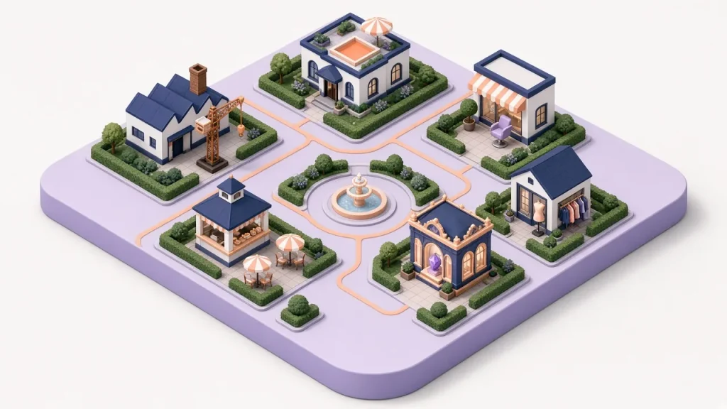 Isometric city grid with six sector buildings linked by a peach route around a central plaza
