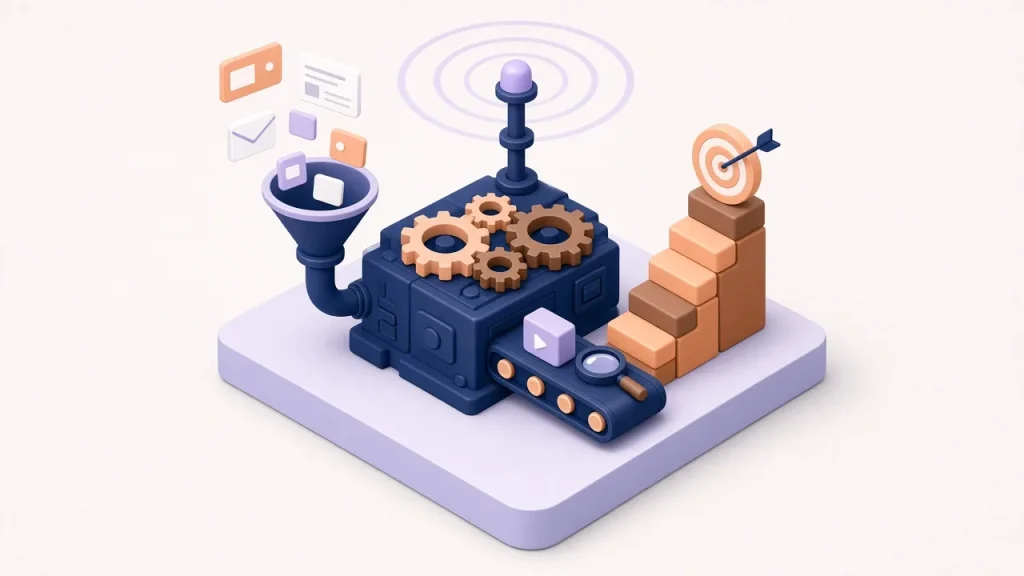 Isometric marketing engine with a funnel, gears, a signal beacon and rising steps toward a target