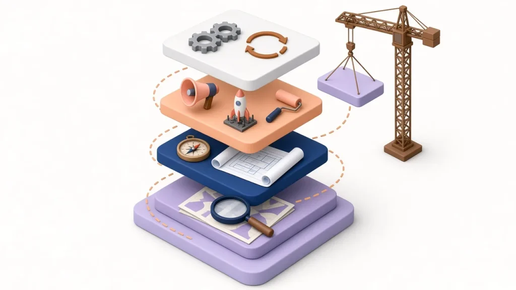 Isometric building of four stacked floors for research, strategy, execution and continuous optimization, with a crane adding a floor