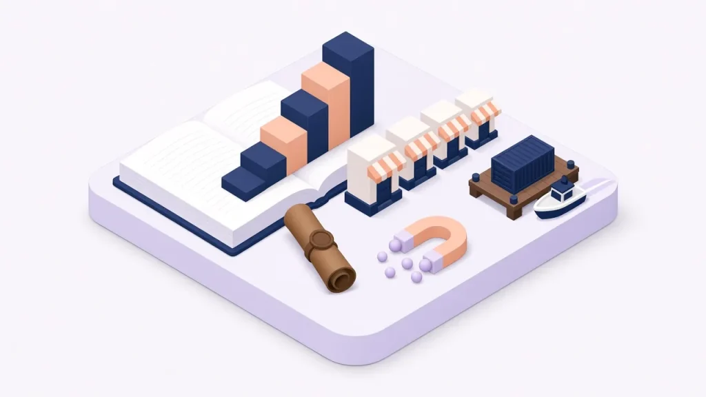 Isometric open ledger with rising bar blocks, multiplying storefronts and a cargo dock