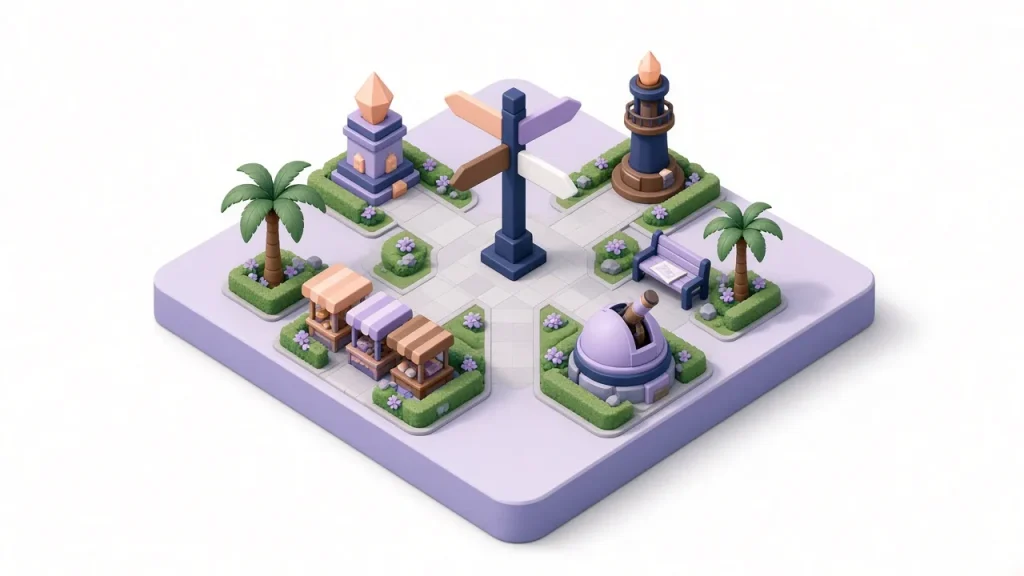Isometric plaza with a signpost pointing four paths to different service buildings