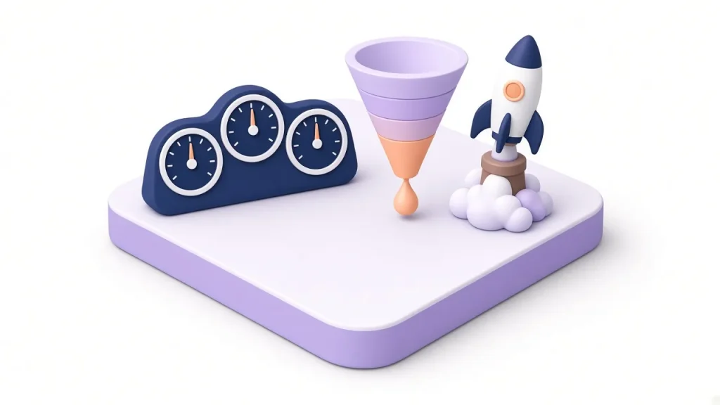 Performance dashboard with gauges, conversion funnel and launching arrow