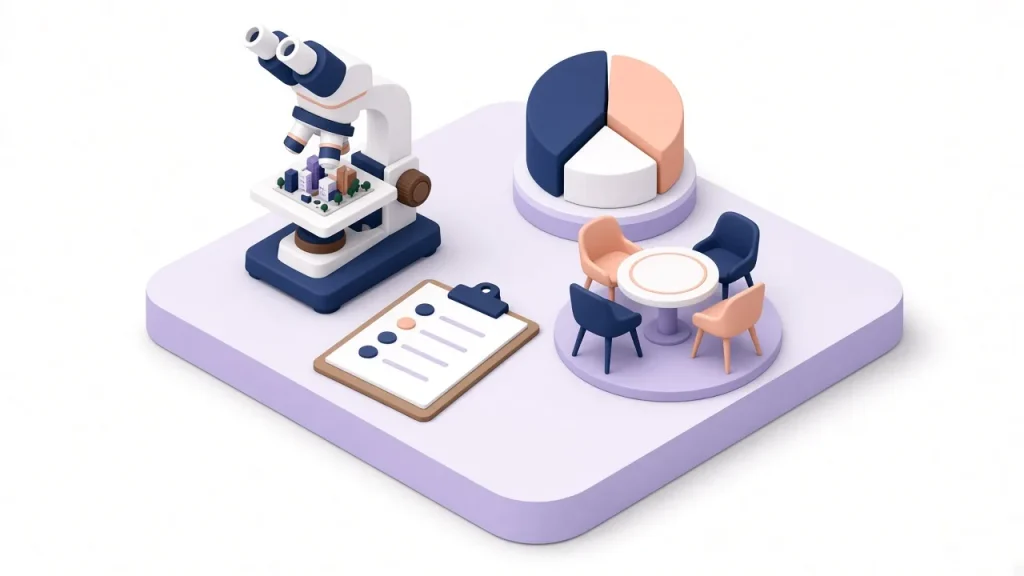 Research corner with microscope, clipboard, pie chart and focus-group table
