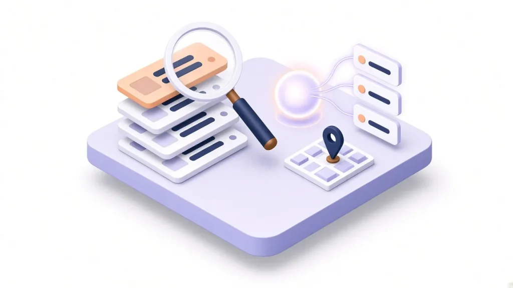 Magnifying glass over search results with an AI orb citing highlighted cards
