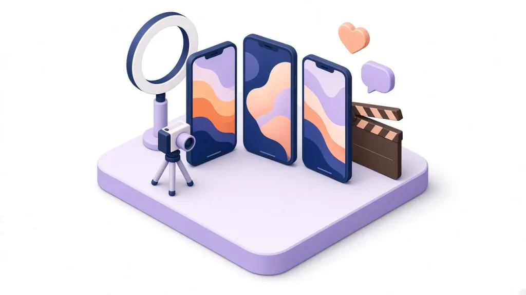 Mini social media studio with smartphones, ring light and camera