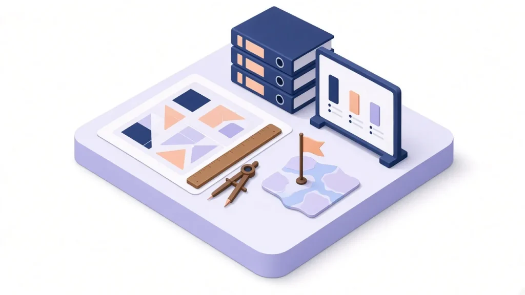 Strategy desk with blueprint, compass and planning board