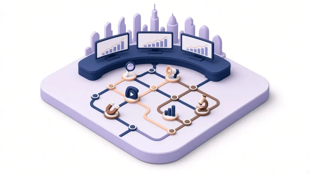 Isometric marketing control room with a metro-style map linking six marketing service groups
