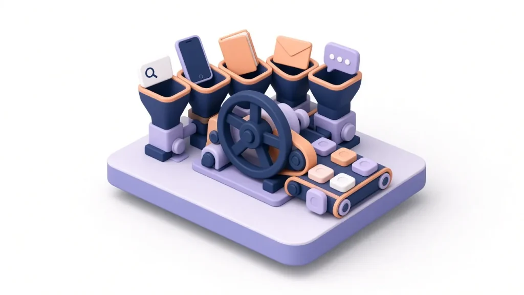 Engine fed by five channels turning a flywheel