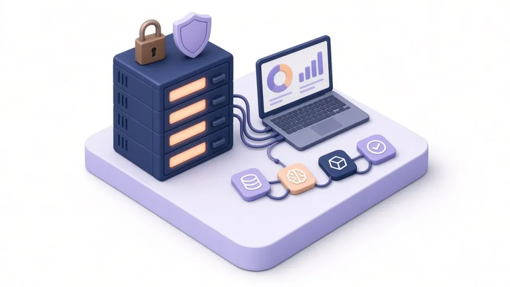 CRM cabinet connected to dashboard and automation with a data protection shield