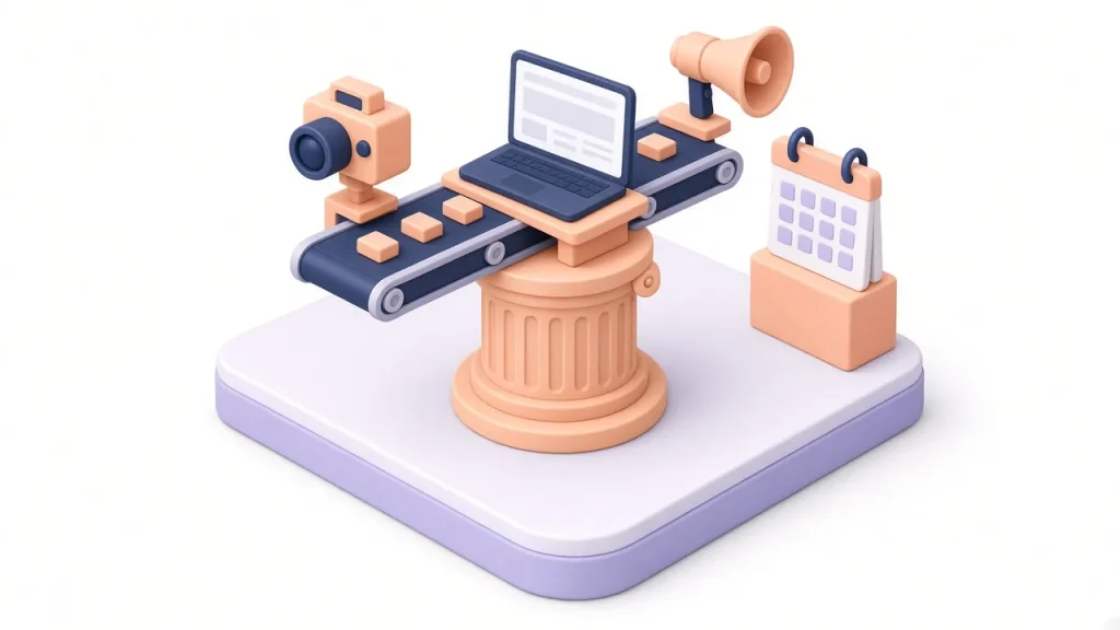 Peach execution pillar with a mini production line of marketing tasks