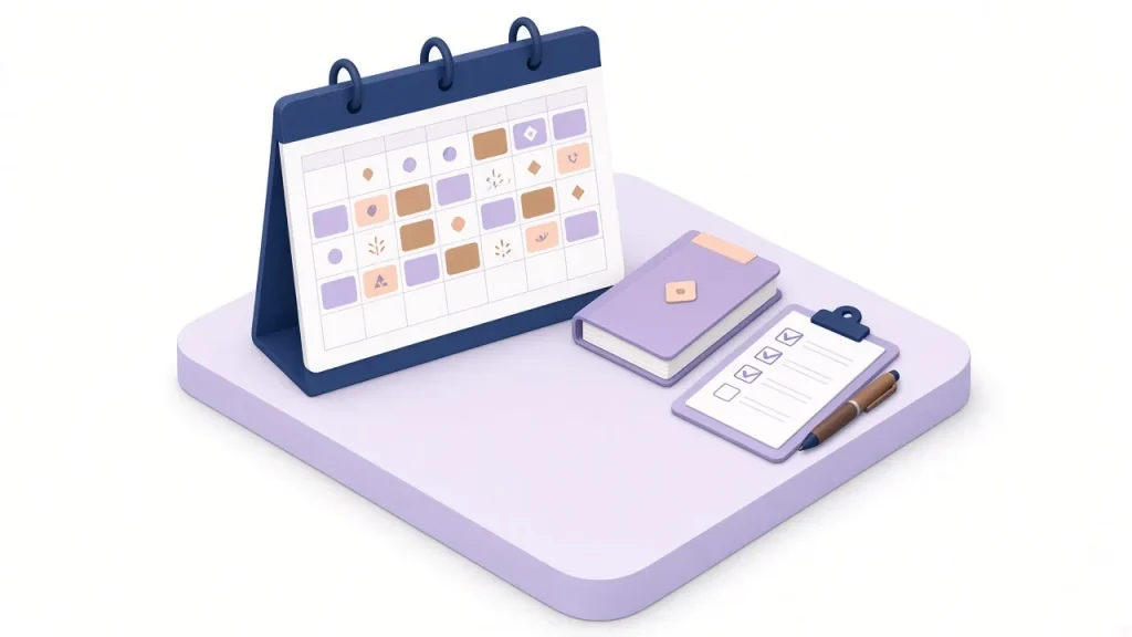 Monthly marketing calendar with report folder and checklist