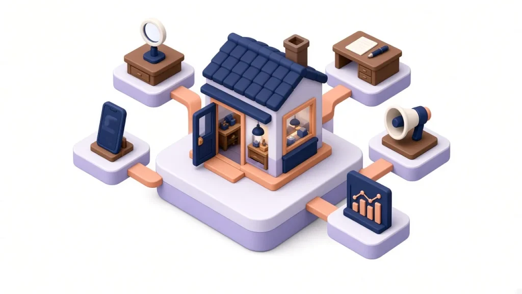 Small shopfront connected to five specialist desks forming an outsourced team