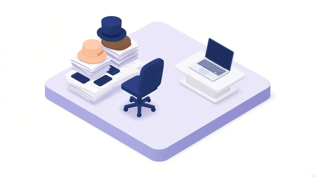 An overloaded desk wearing three hats next to a calm organised desk