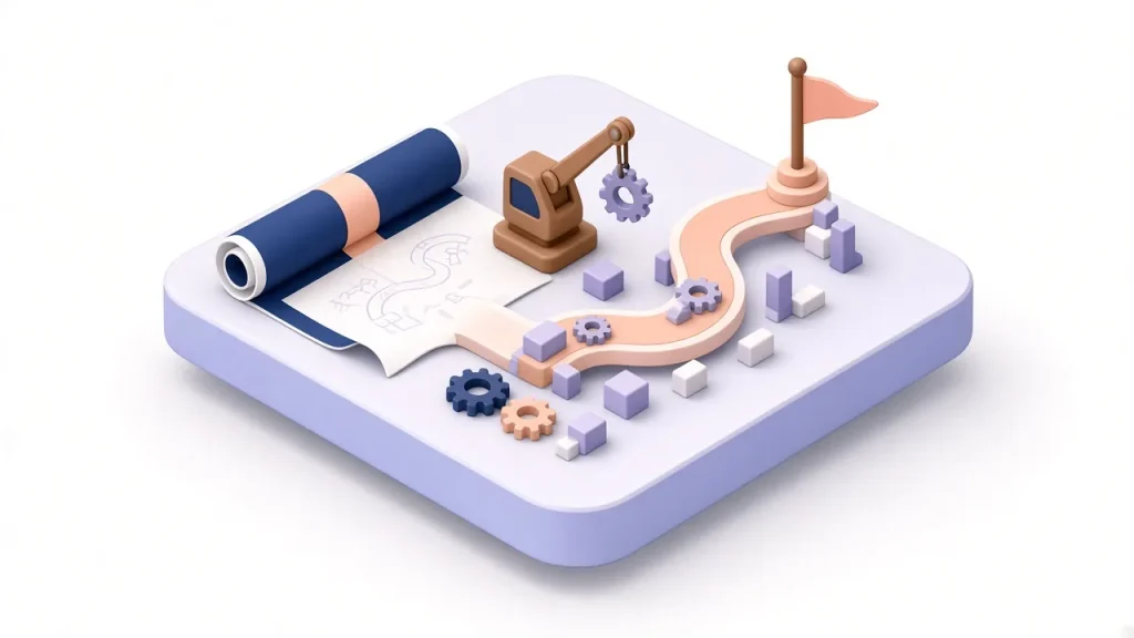 A plan unrolling into a path where blocks are assembled into a milestone
