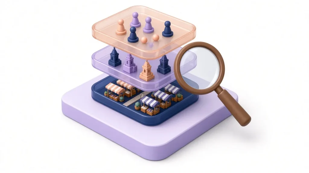 Three stacked layers for market, competitors and customers under a magnifying glass