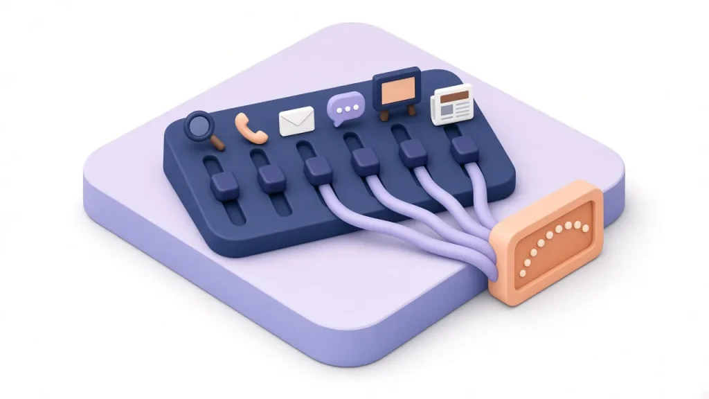Mixing console balancing six marketing channels into one output