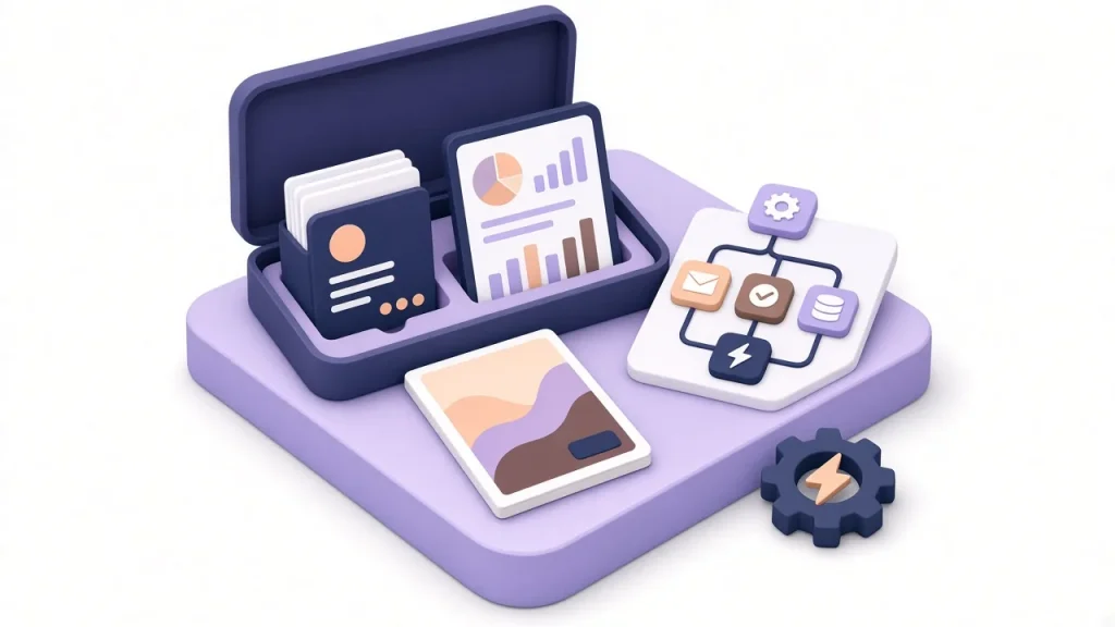 Open toolkit holding CRM, dashboard, brochure and automation flow