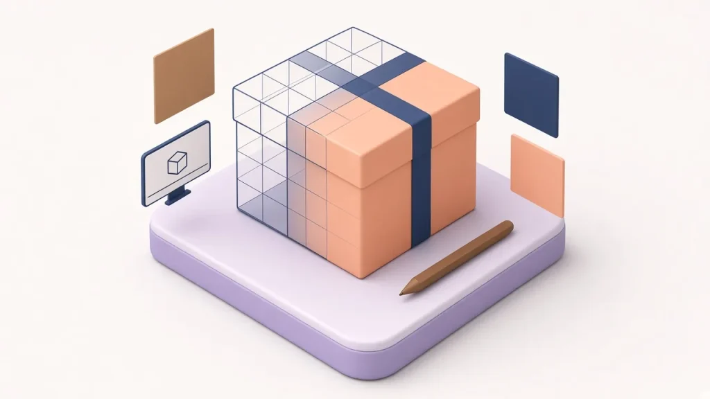 Isometric peach box half rendered as a wireframe grid, with floating material swatches, a monitor and a stylus