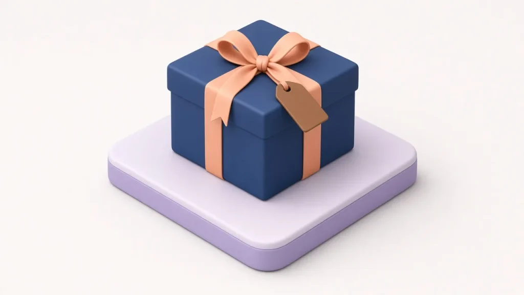 Isometric navy gift box tied with a peach ribbon bow and a brown gift tag
