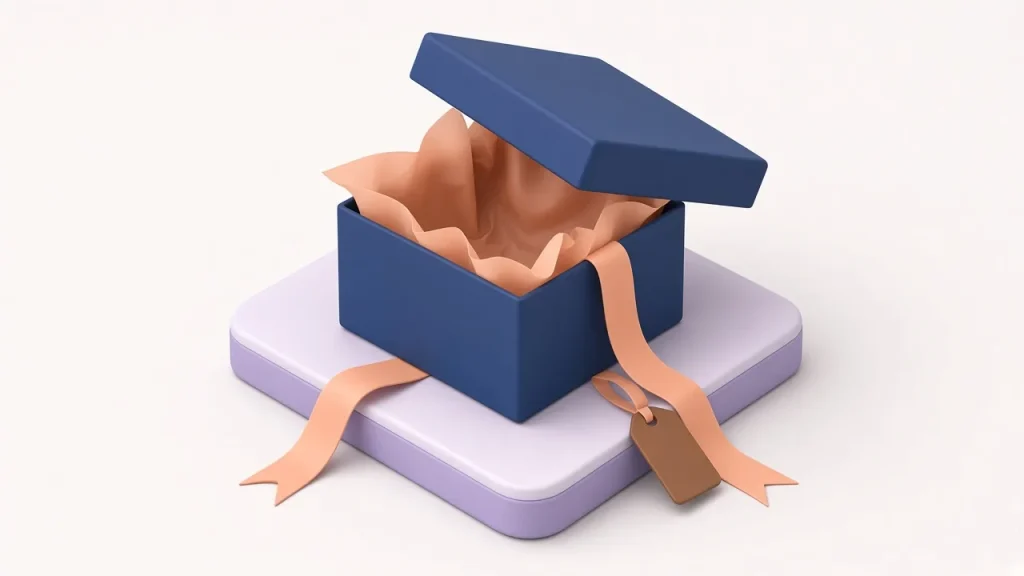 Isometric navy gift box with its lid lifted, peach tissue paper and a loose ribbon