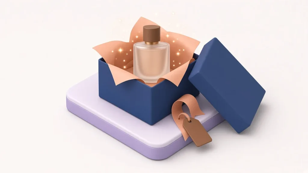 Isometric open navy gift box revealing a glass perfume bottle in peach tissue paper, with the lid set aside