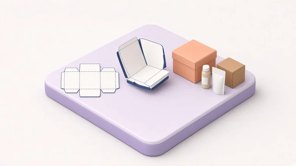 Isometric flat white dieline beside a half-folded box, a finished peach box, a bottle and a kraft carton