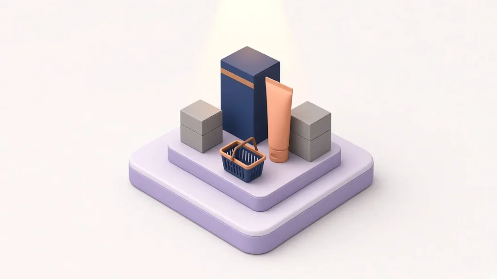 Isometric spotlit navy product box and peach tube standing out among plain grey boxes, with a small shopping basket