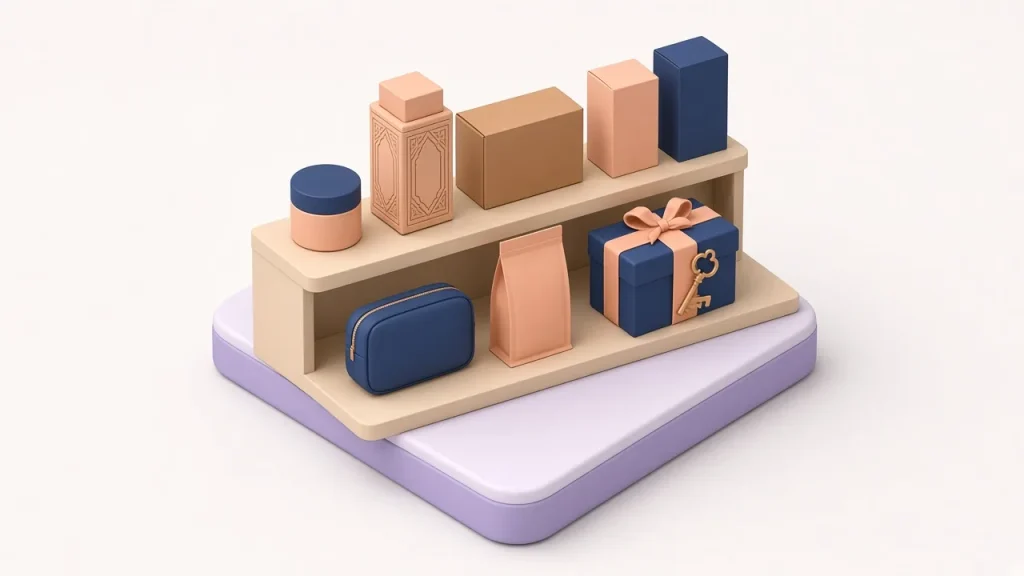 Isometric wooden shelf holding cosmetic jars, boxes, a pouch, a navy gift box and a navy pouch